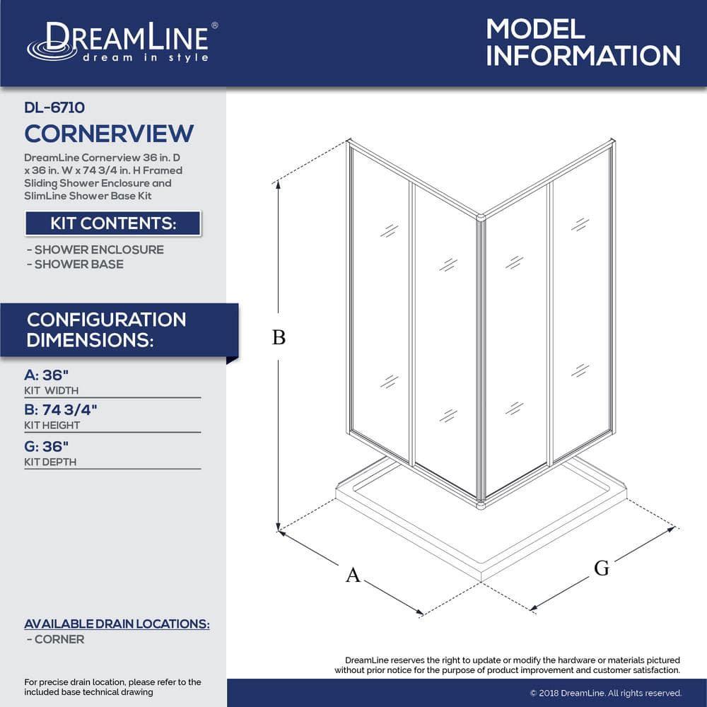 Cornerview 36" x 74.75" Framed Square Sliding Shower Enclosure with Base Included