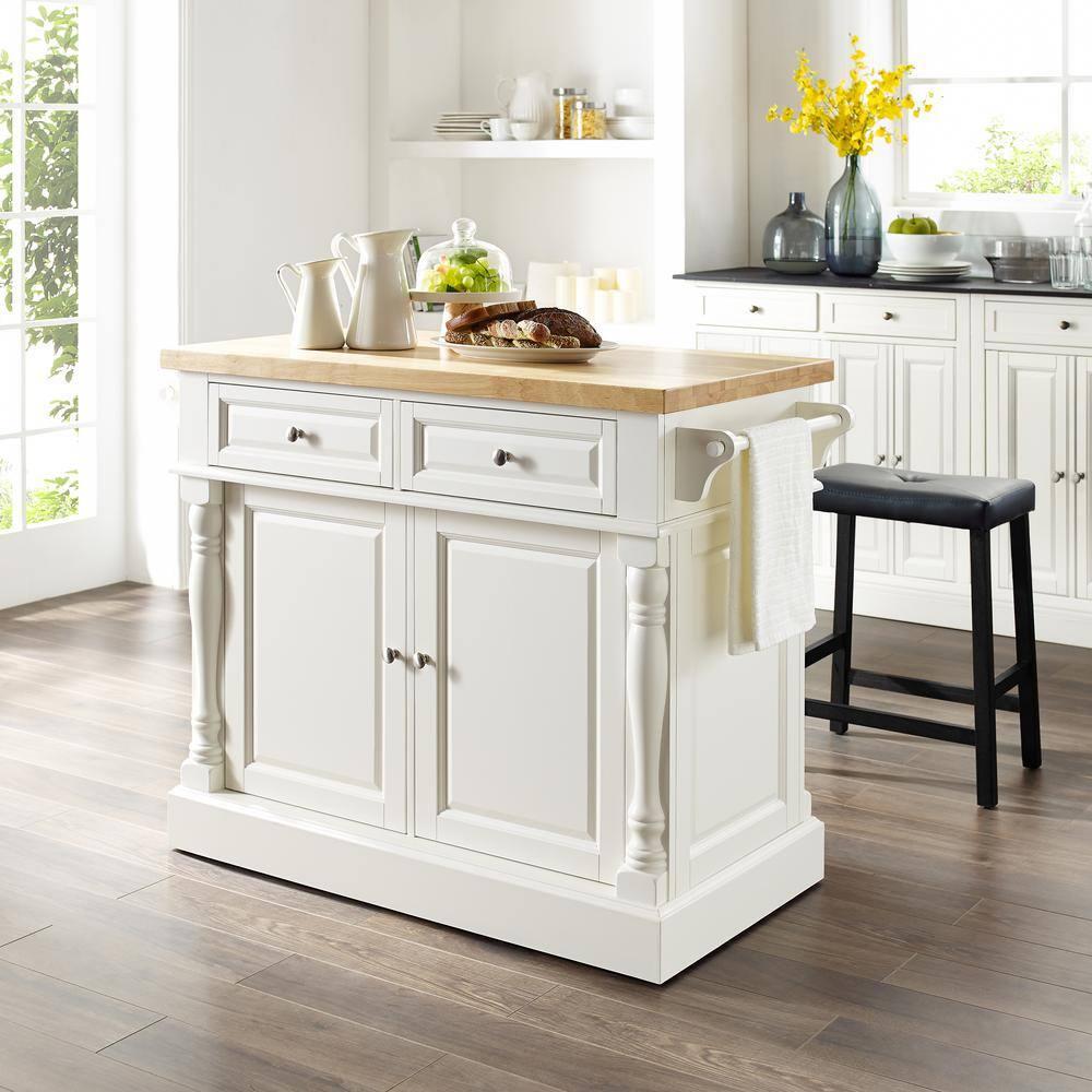 Crosley Furniture Oxford Wood Kitchen Island with Saddle Stools in White