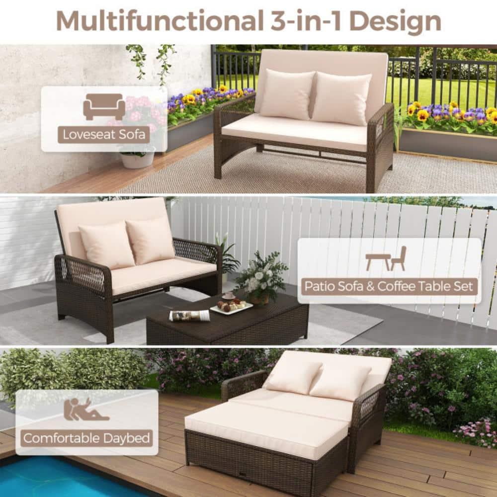 Topcobe Patio Adjustable Wicker Daybed with 4-Level Backrest and Soft Cushions, Modern Outdoor Furniture for Patio Backyard, Garden-Beige