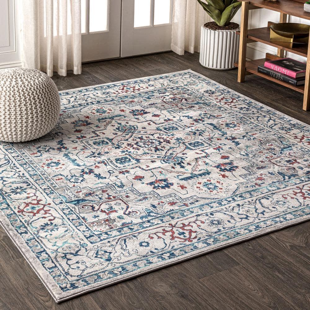 6'x6' Modern Persian Vintage Medallion Area Rug, Light Grey/Blue - JONATHAN Y