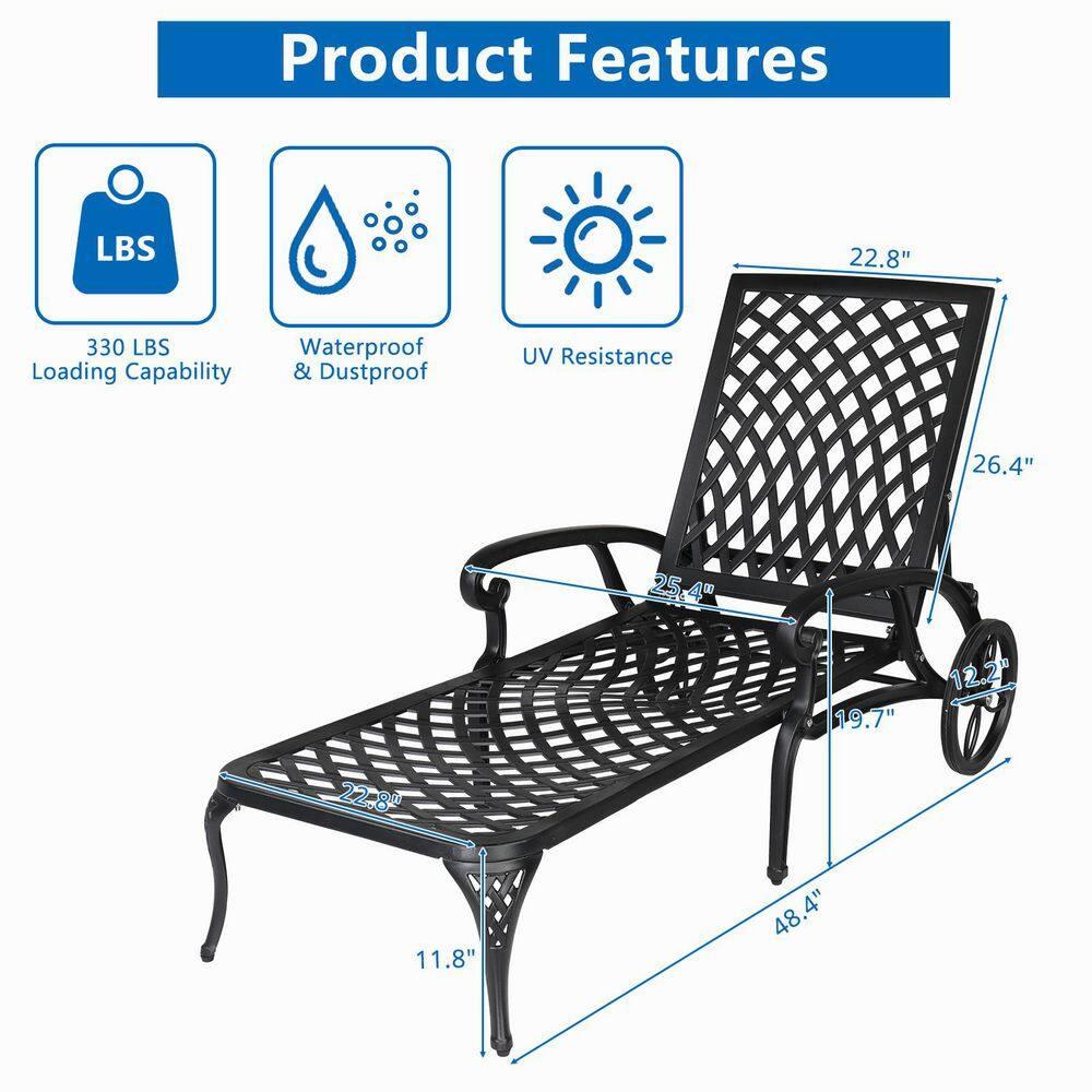 VINGLI Cast Aluminum Outdoor Chaise Lounge Chair with Wheels, Patio Chaise Lounge with 3-Position Adjustable Backrest, Outdoor Tanning Chair Patio Lounge Chair (Black, Without Cushion)