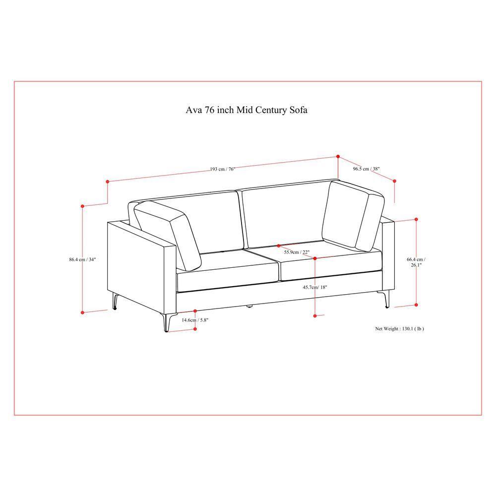 Simpli Home Ava Mid Century Sofa, Performance Fabric Couch for Living Room, Water-Repellent, Stain-Resistant, Reversible Cushions