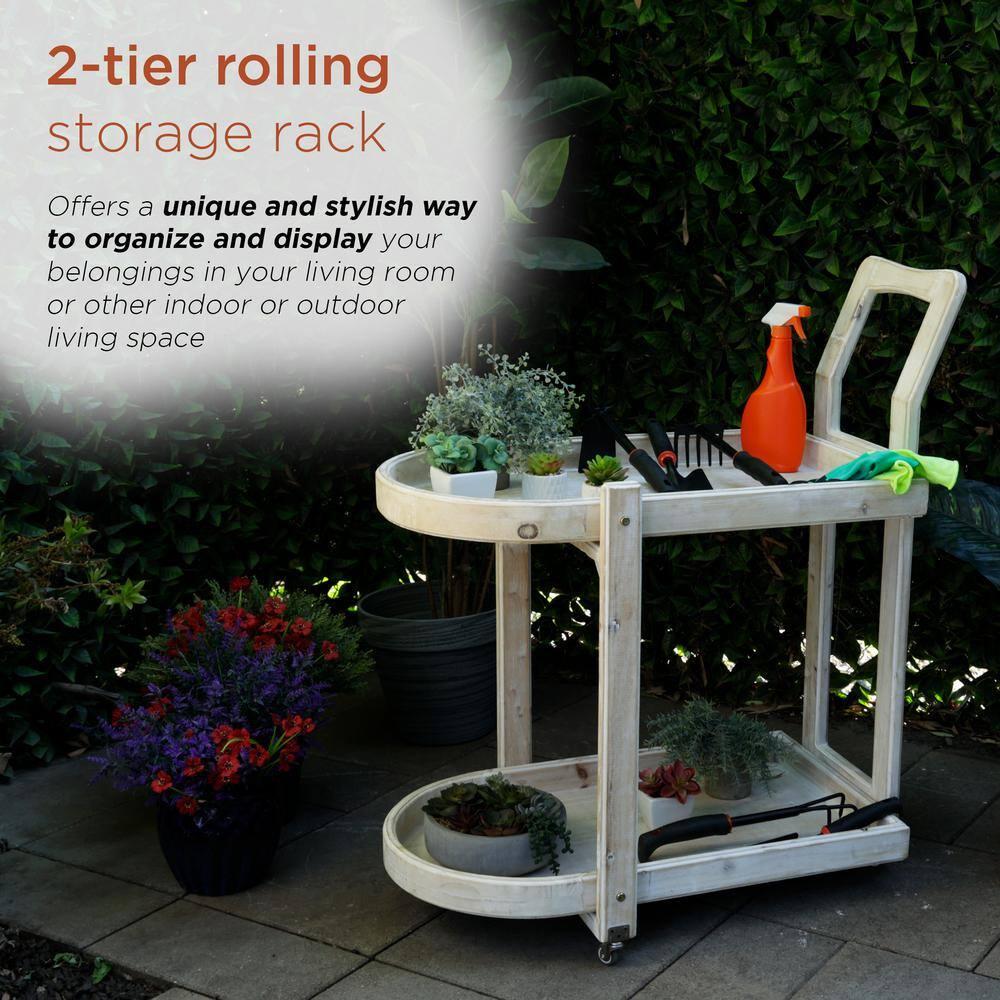 Alpine Corporation MBB174 Wood 2-Tier Rolling Storage Cart for Books, Plants, Decor, Rustic Storage Push Cart with 2 Shelves