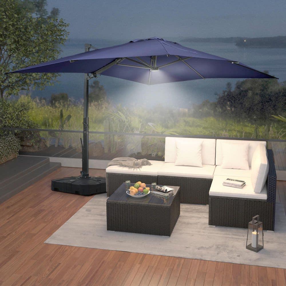 Mondawe 10x13 Ft Patio Cantilever Umbrella with Base,360° Rotation Offset and LED Light Panel,Large Rectangular Outdoor Umbrella for Pool Deck, Navy
