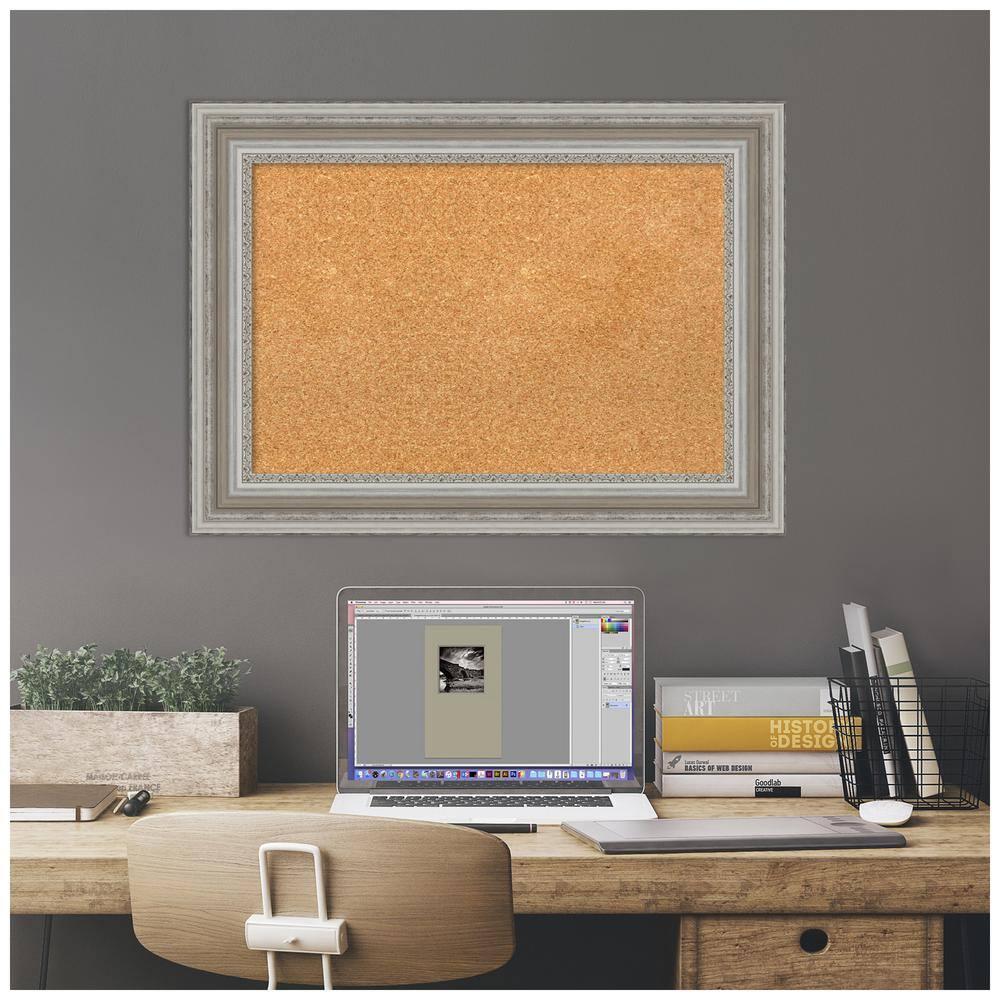 Amanti Art Natural Cork Board Framed Parlor Silver Bulletin Board 30 in. x 22 in.