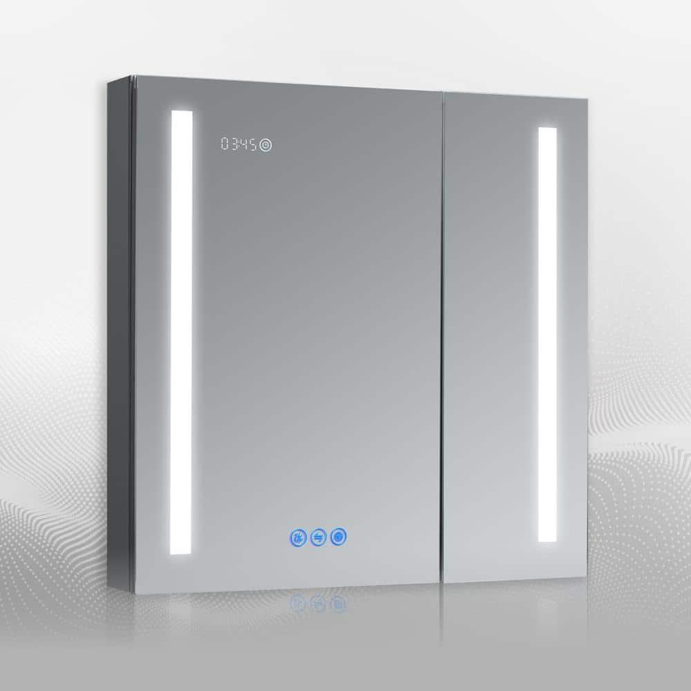DECADOM LED Mirror Medicine Cabinet Recessed or Surface, Dimmer, Clock, Room Temp Display, Dual Outlets (Duna 36x32)