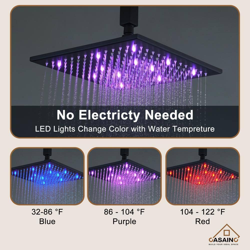 3-Function Luxury Ceiling Mount 12 Inch LED Thermostatic Shower System with 6 Body Jets