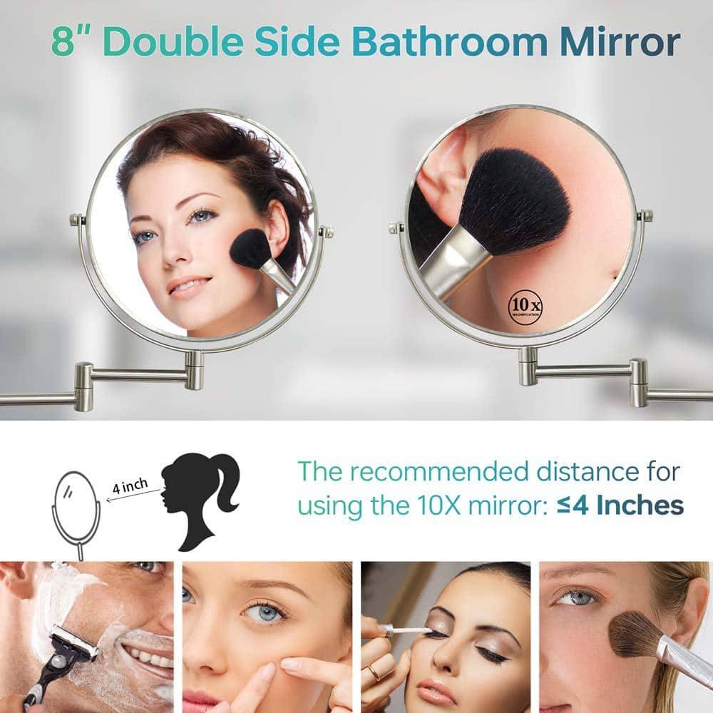 8 Inch Height Adjustable Wall Mounted Makeup Mirror 1X/10X Magnifying Double-Sided with 360° Swivel Arm Brushed Nickel for Bathroom and Home Use,LM-LS8DCN-SS