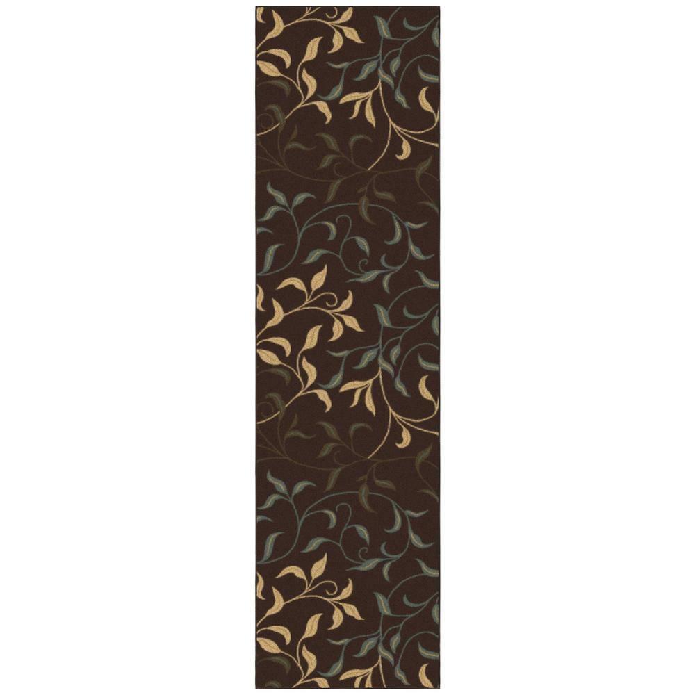 Ottohome Non-Slip Leaves Area Rug For Living Room, Hallway Runner, Entryway Rug, Brown