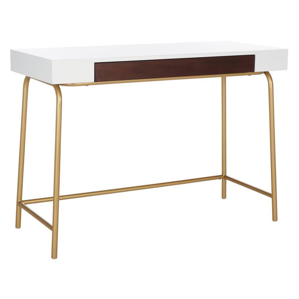 SAFAVIEH Nola Wood 1-Drawer Writing Desk, White/Brown/Gold