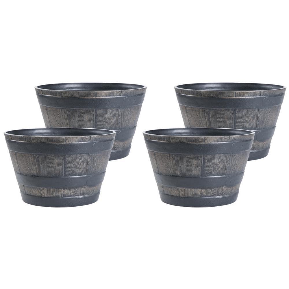 ardenised 4-Piece Round Half Barrel Flower Pots Rustic Farmhouse Style Faux Wood Planter Containers for Indoor & Outdoor Use