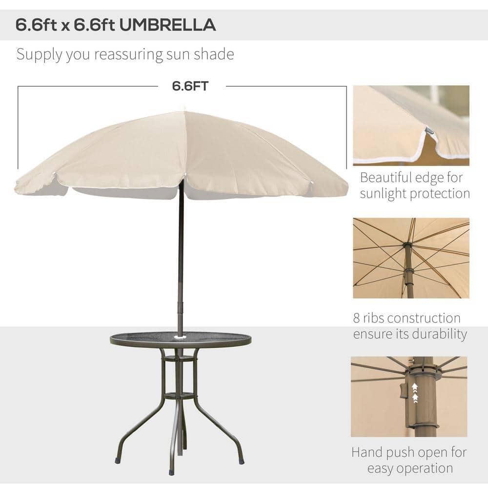 Outsunny 6 Piece Patio Dining Set for 4 with Umbrella, 4 Folding Dining Chairs & Round Glass Table for Garden, Backyard, and Poolside, Beige