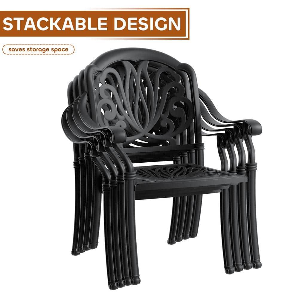 Hzzkey Outdoor Aluminum Dining Arm Chairs - Set of 6, Black, Random Color Cushions