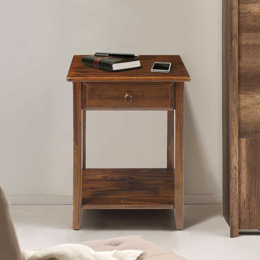 Casual Home Solid Wood Night Owl Bedside Nightstand with USB Ports, Warm Brown