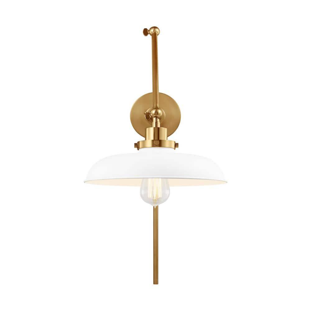 Matte White and Burnished Brass Double Arm Sconce