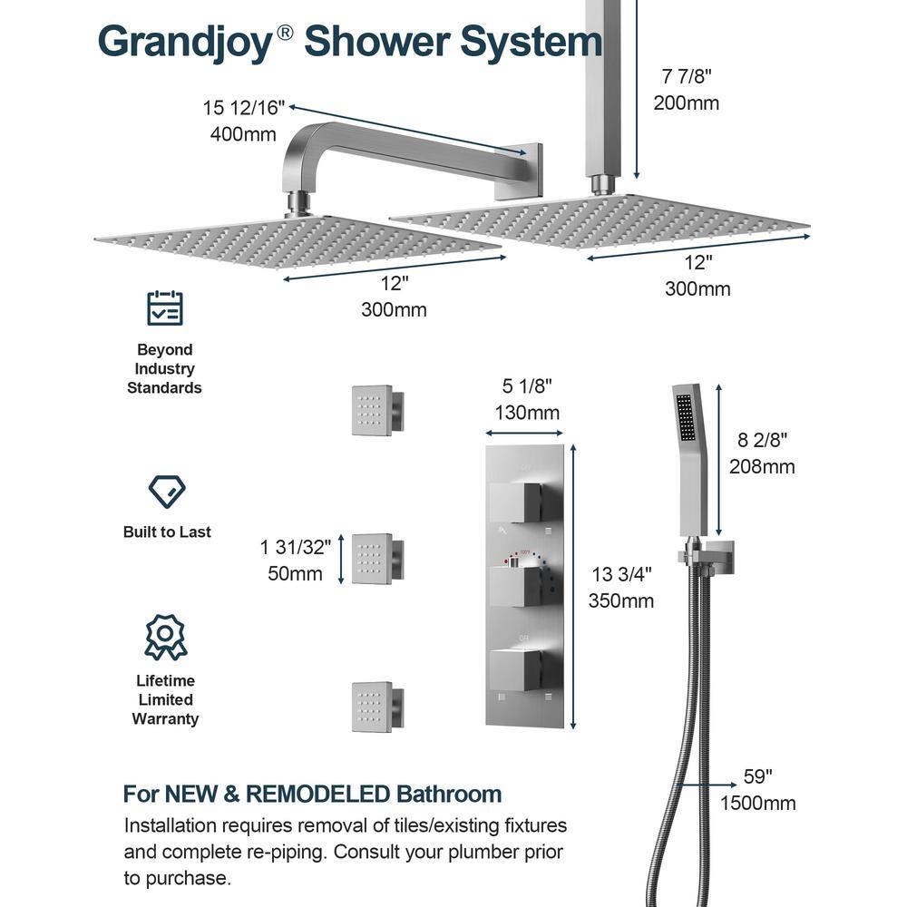 Thermostatic Dual Heads with 12" Rain Shower Faucet, Hand Shower and 3 Body Jets Matte Black