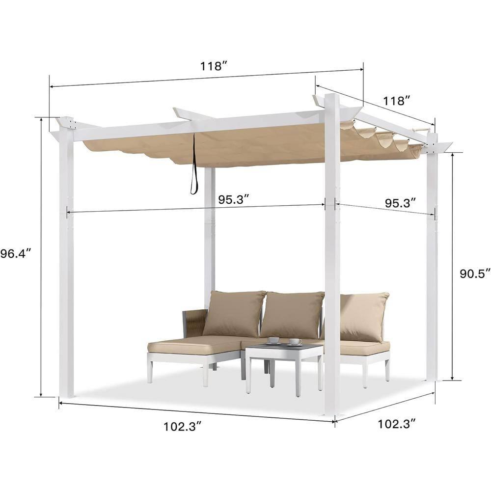 PURPLE LEAF 10' x 10' Outdoor Retractable Pergola with Double Sun Shade Canopy and White Heavy-Duty Aluminum Frame Patio Modern Adjustable Canopy Pergola for Garden Deck and Backyard, Khaki