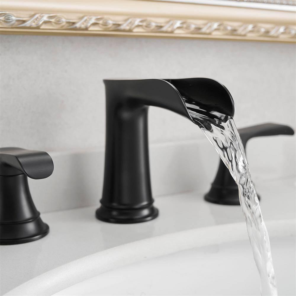 Bathroom Faucet 3 Hole Black, 8 inch Widespread Bathroom Faucet Waterfall Face Basin Faucet for Bathroom Sink, Matte Black (A.Matte Black)