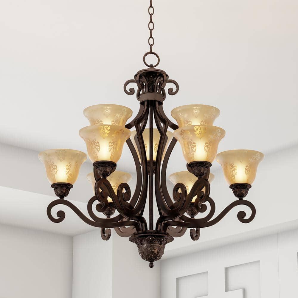 Oil Rubbed Bronze 9-Light Chandelier with Amber Glass Shades