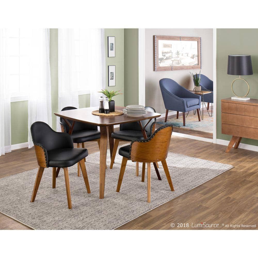 LumiSource Ahoy Dining Chair Walnut/Black/Brass: Mid-Century Modern Faux Leather with Nailhead Trim