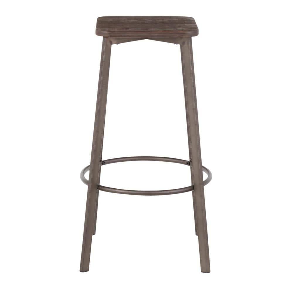 17 Stories Square Barstool In Vintage Metal And Espresso Wood-Pressed Grain Bamboo By Lumisource - Set Of 2