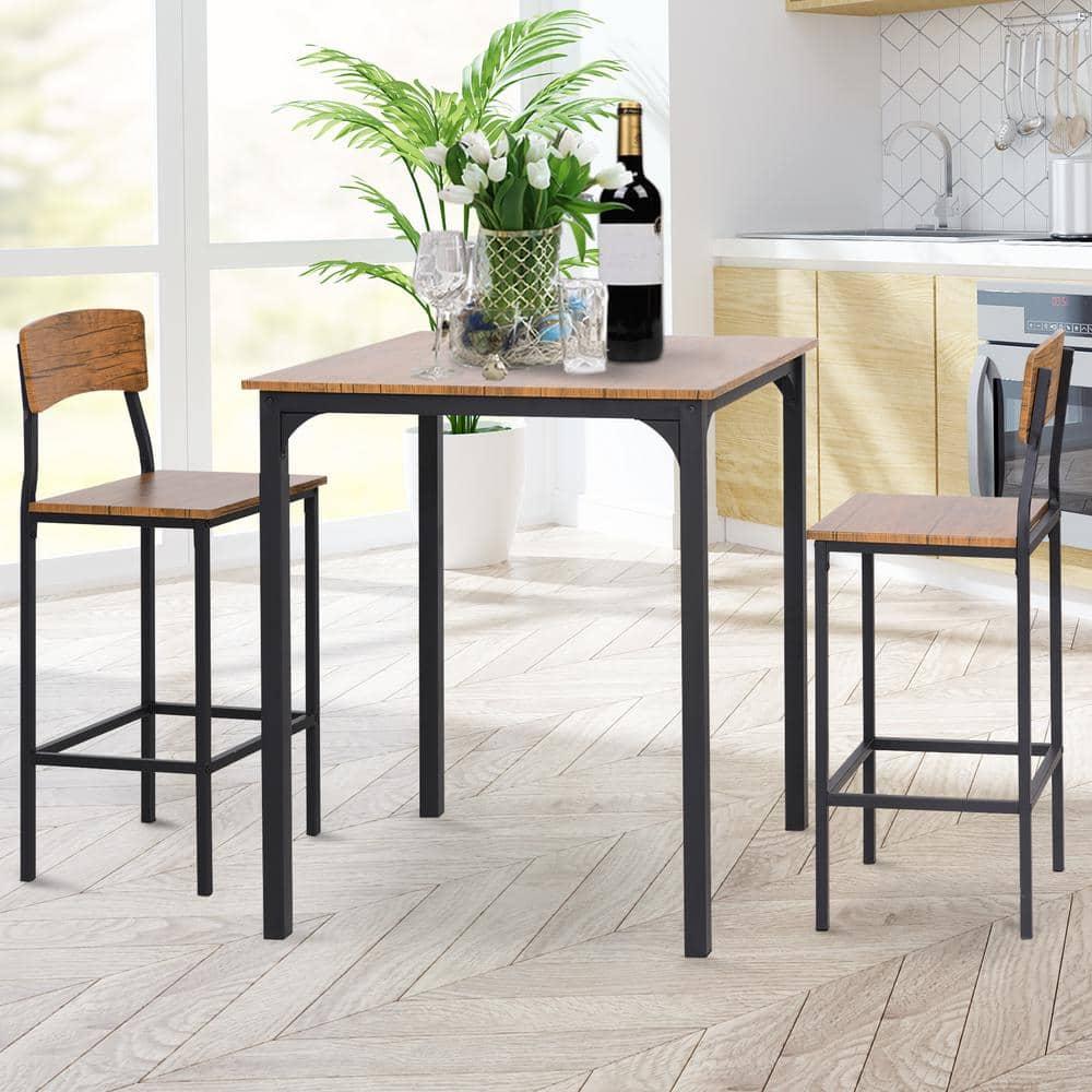 17 Stories 3 Piece Square Industrial Small Dining Table Set, Bar Table and Chairs Set, Rustic Brown and Black
