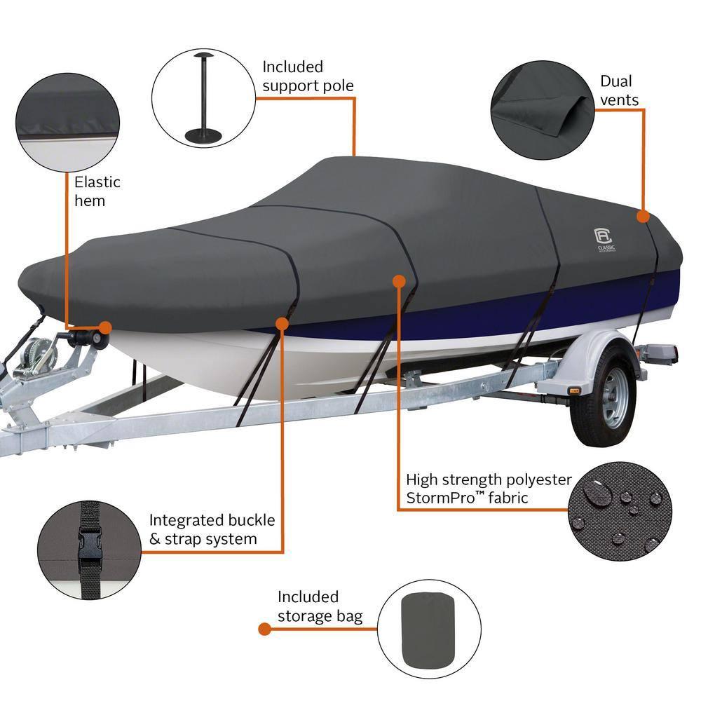 Classic Accessories StormPro™ Heavy Duty Boat Cover with Support Pole, Fits Boats 22' - 24' L x 116" W, Trailerable Boat Cover, Model F, Charcoal