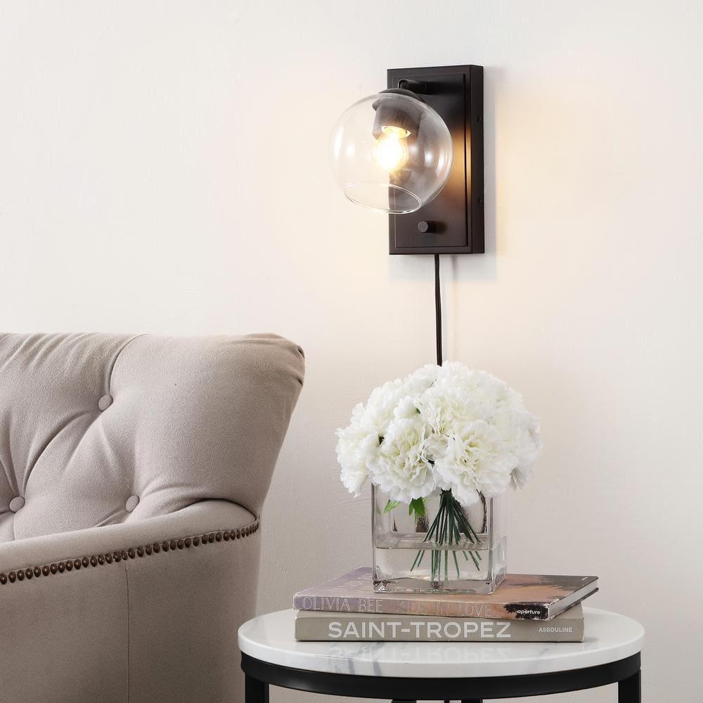 Hugo 6" 1-Light Minimalist Modern Plug-In or Hardwired Adjustable Iron LED Wall Sconce with Rotary Dimmer, Oil Rubbed Bronze with Clear Globe