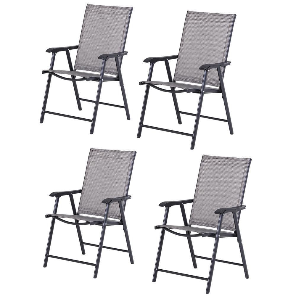 Outsunny Set of 4 Patio Folding Chairs, Stackable Outdoor Sling Chairs with Armrests for Lawn, Camping, Dining, Beach, Metal Frame, Gray