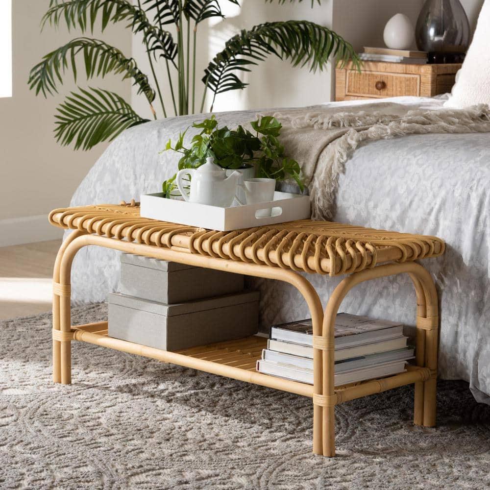 Himari Rattan Accent Bench Natural Brown - Baxton Studio: Handcrafted, Entryway, Bedroom, Shelf Storage