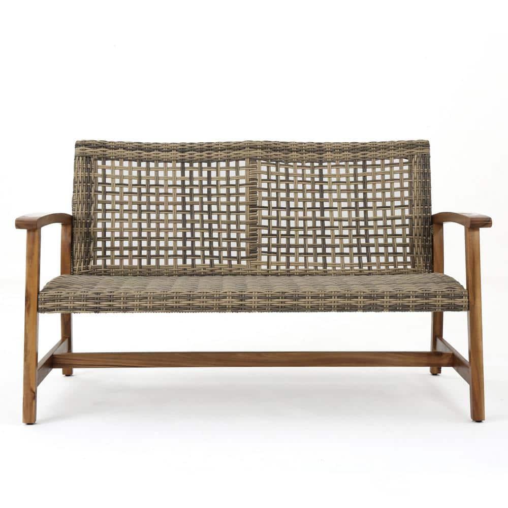 Hampton Wicker Loveseat: Natural/Gray, Acacia Frame, Handwoven, Weather-Resistant - Christopher Knight Home