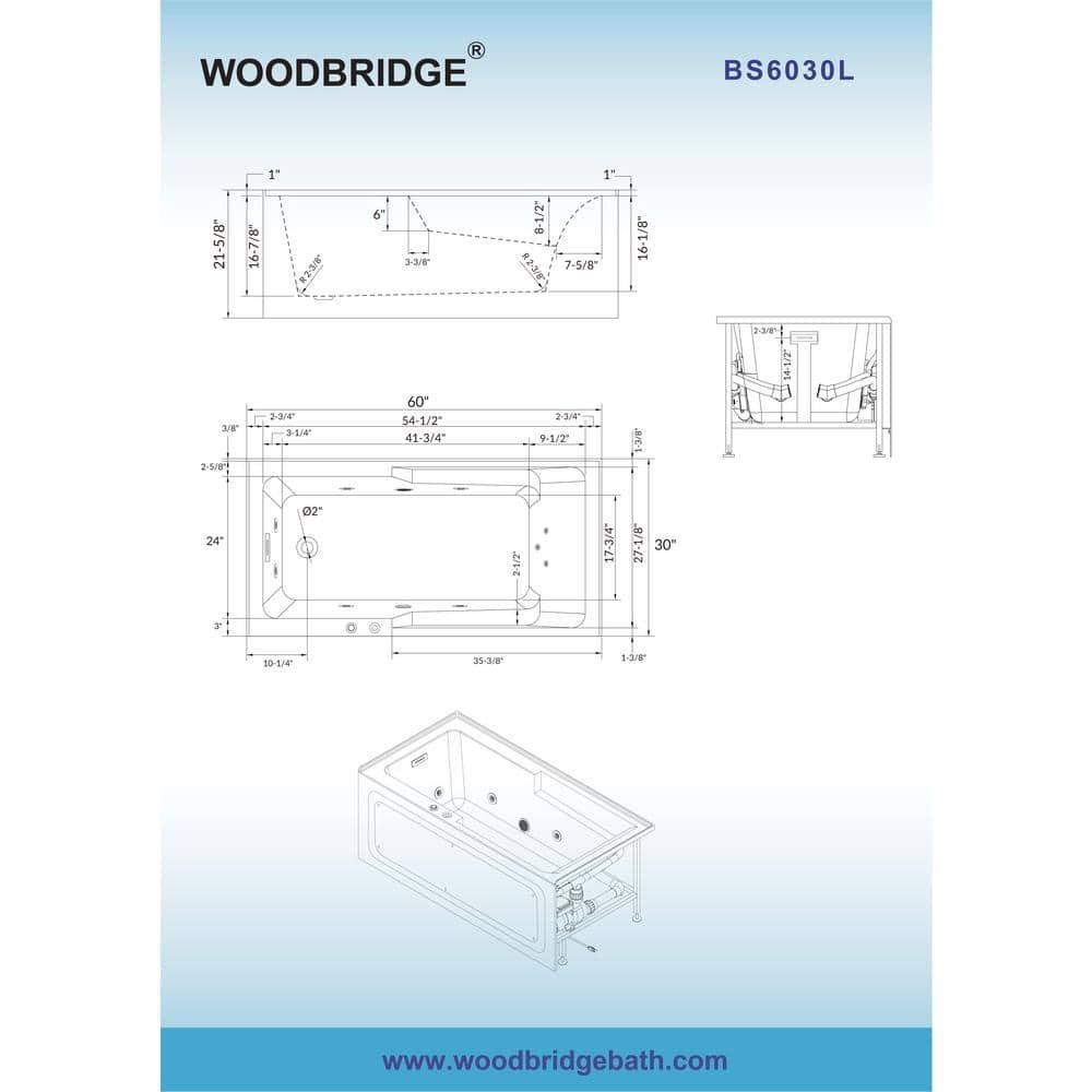 60" x 30" Whirlpool Heated Rectangular Alcove Acrylic Bathtub with Chrome/Matte Black Drain and Overflow