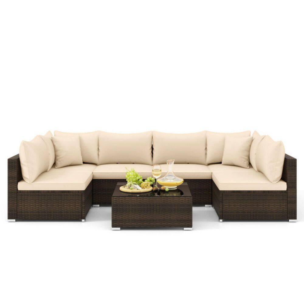 Topcobe 7 Pieces Patio Rattan Furniture Set with Sectional Sofa Cushions, Outdoor Patio Furniture-Beige