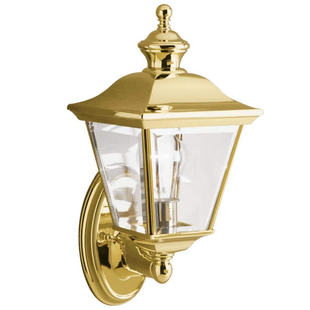 Bay Shore 20 in. 1-Light Polished Brass Outdoor Hardwired Wall Lantern Sconce with No Bulbs Included (1-Pack)
