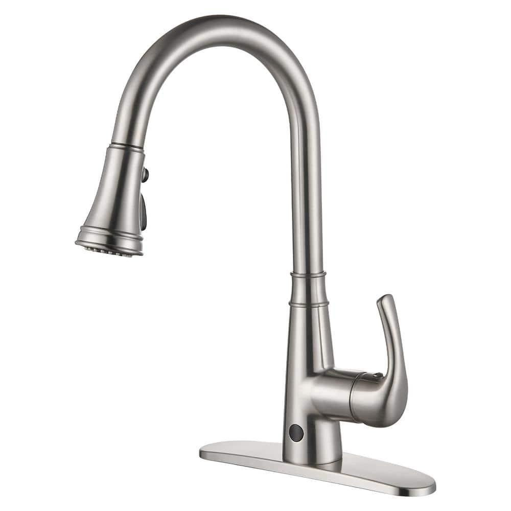 Touchless Gooseneck Single Handle Pull Down Sprayer Kitchen Faucet with Deckplate Pull Out Sink Faucet in Brushed Nickel