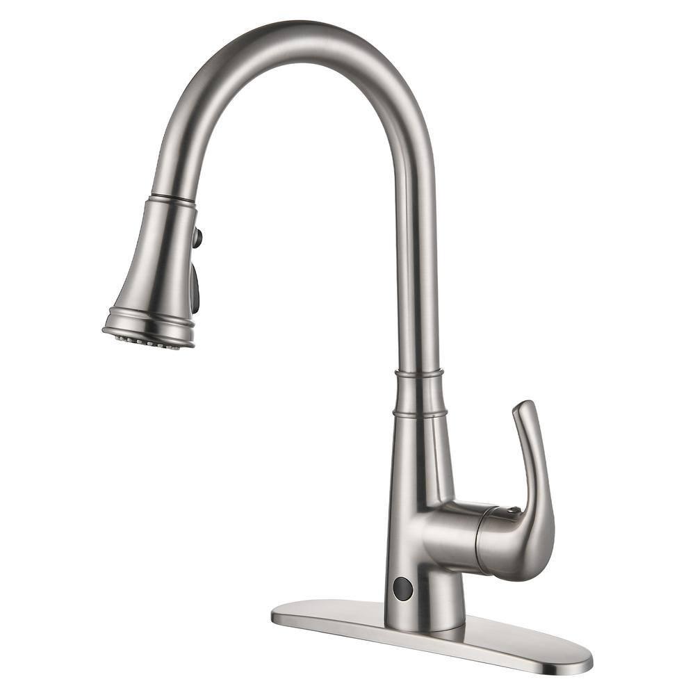 Touchless Gooseneck Single Handle Pull Down Sprayer Kitchen Faucet with Deckplate Pull Out Sink Faucet in Brushed Nickel
