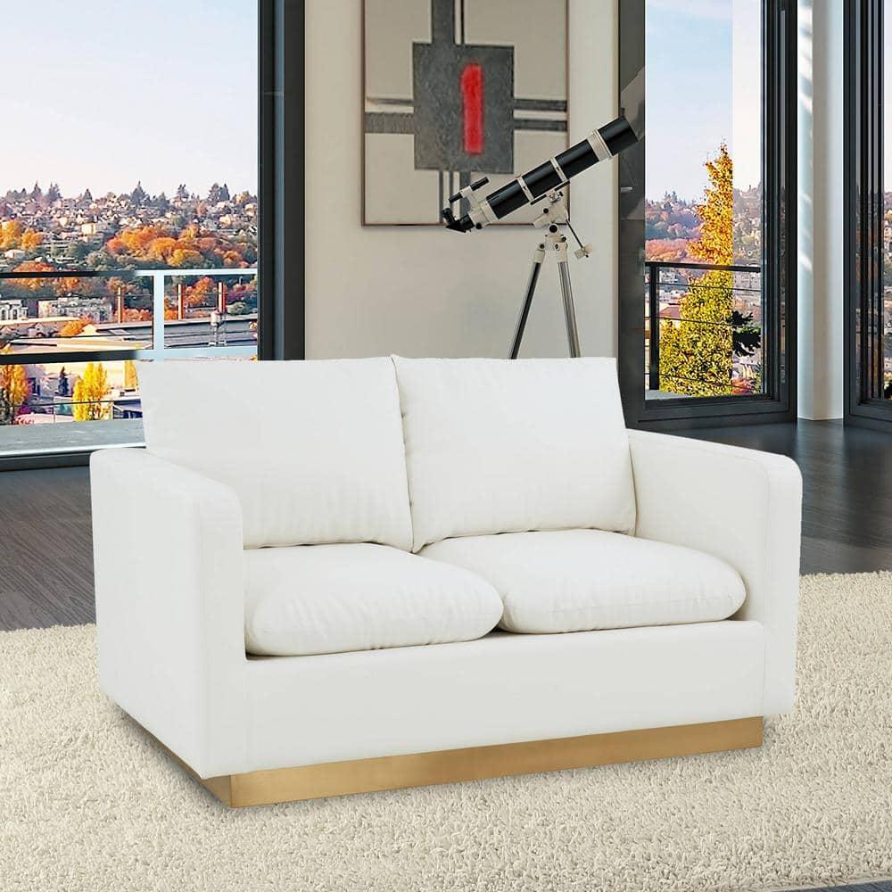 LeisureMod Nervo Mid-Century Modern Upholstered Faux Leather Loveseat with Gold Frame in White