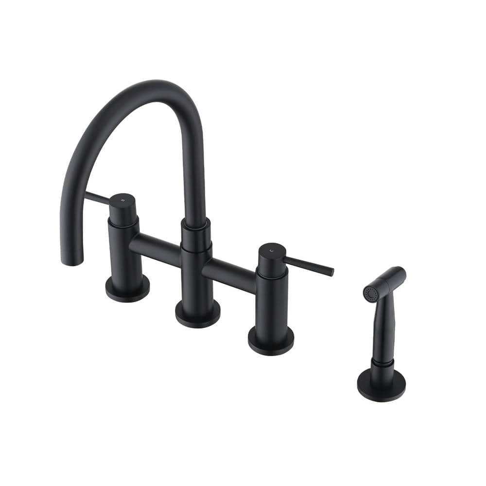 Double Handle Bridge Kitchen Faucet with Side Sprayer in Matte Black