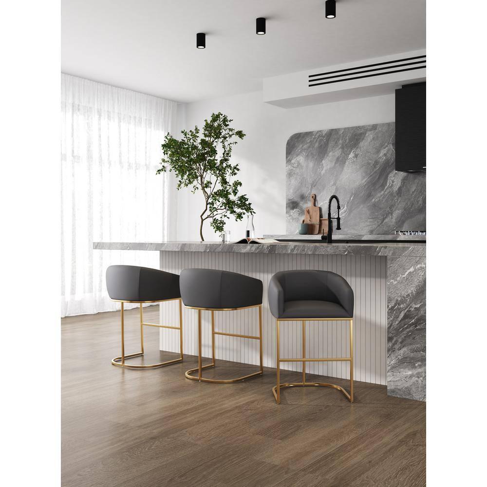 Manhattan Comfort Set of 3 Louvre Upholstered Stainless Steel Counter Height Barstools Gray: Faux Leather, Curved Back, Footrest
