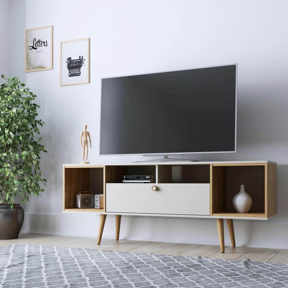 Theodore Wood 63" TV Stand with 6 Shelves in Off White & Cinnamon
