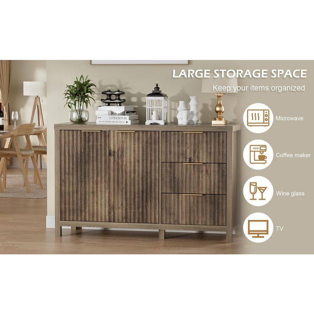 47" Brown MDF Wood Sideboard Buffet Cabinet with Grooved Doors and Drawers