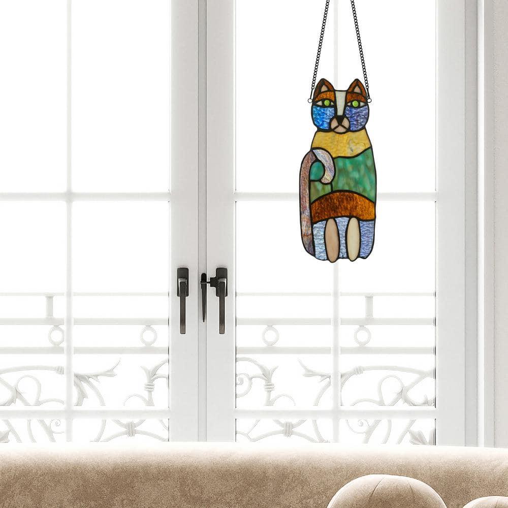 River of Goods  13-in. Crazy Cat Stained Glass Window Panel Purple