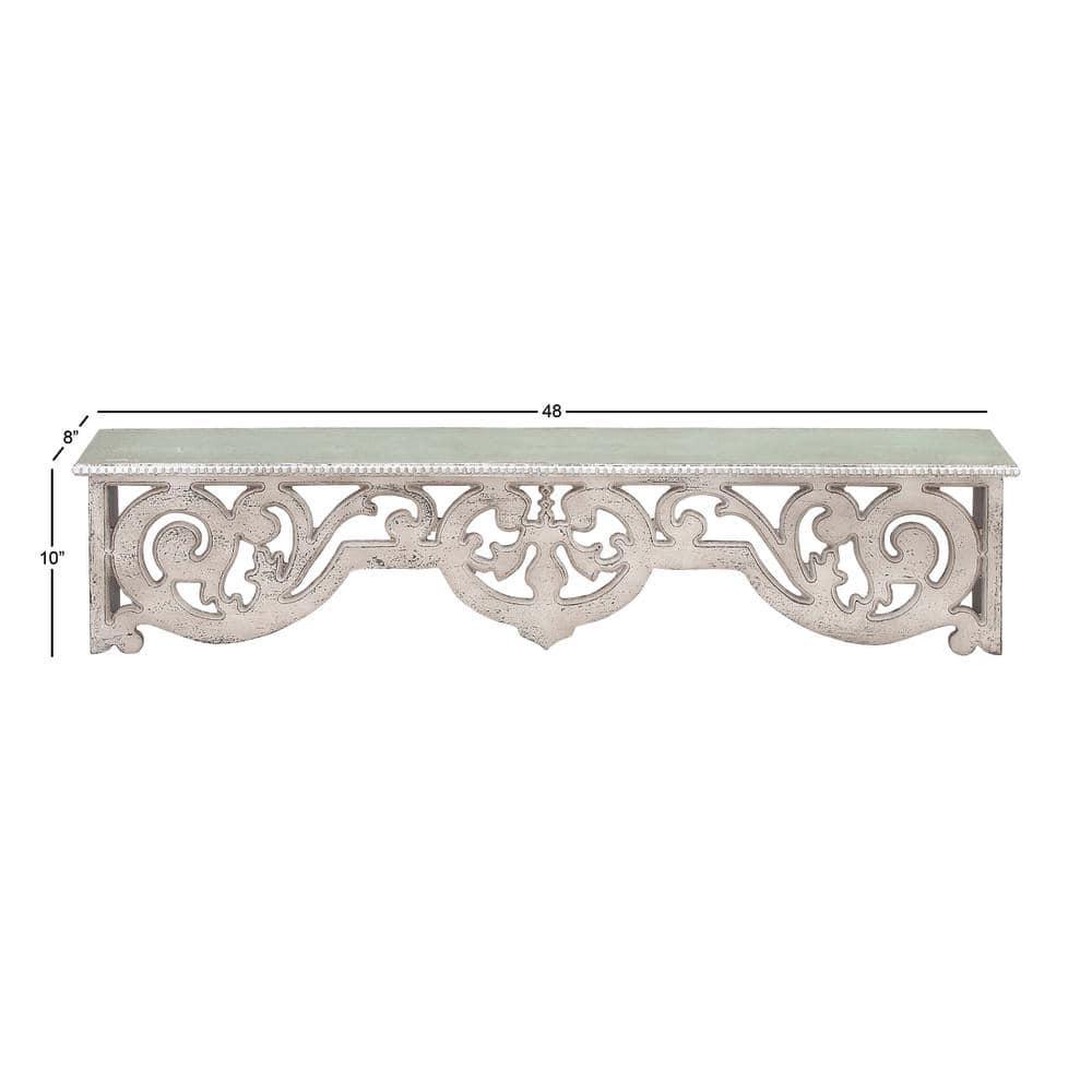 DecMode 48" x 8" 1-Tier Beige Scroll Wall Shelf with Gray Distressing
