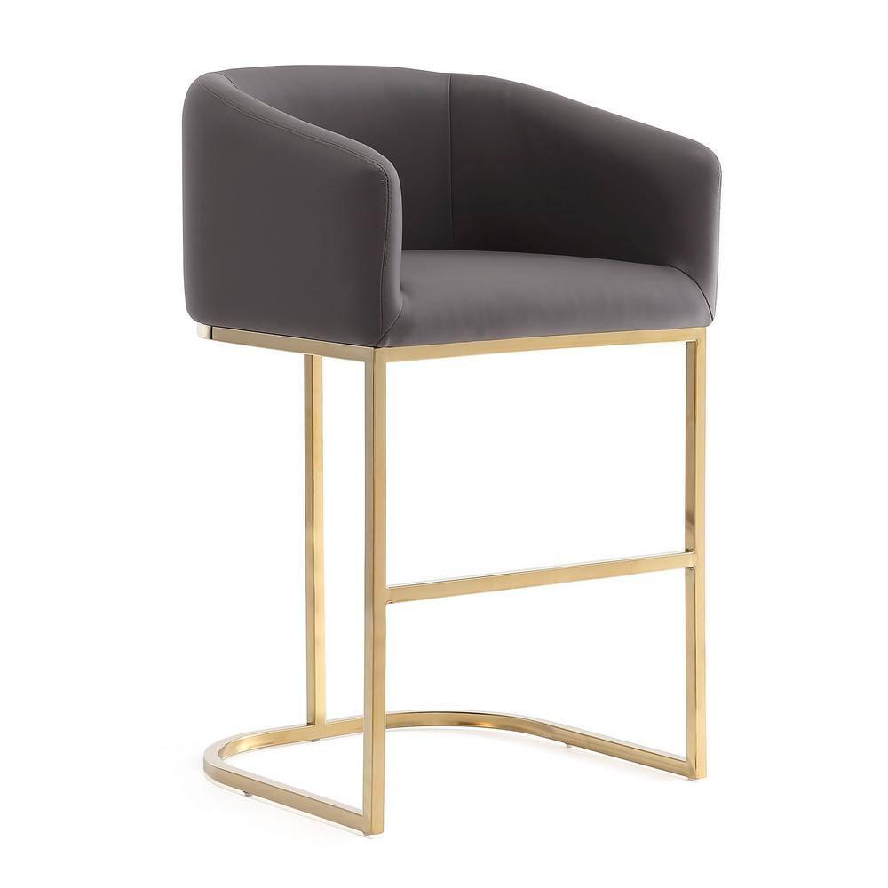 Manhattan Comfort Set of 3 Louvre Upholstered Stainless Steel Counter Height Barstools Gray: Faux Leather, Curved Back, Footrest