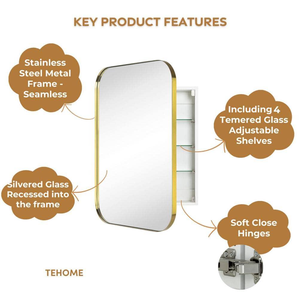 TEHOME Gold Surface and Recessed Mount Rectangular Stainless Steel Metal Framed Bathroom Medicine Cabinet with Mirror, 22'' W x 30'' H