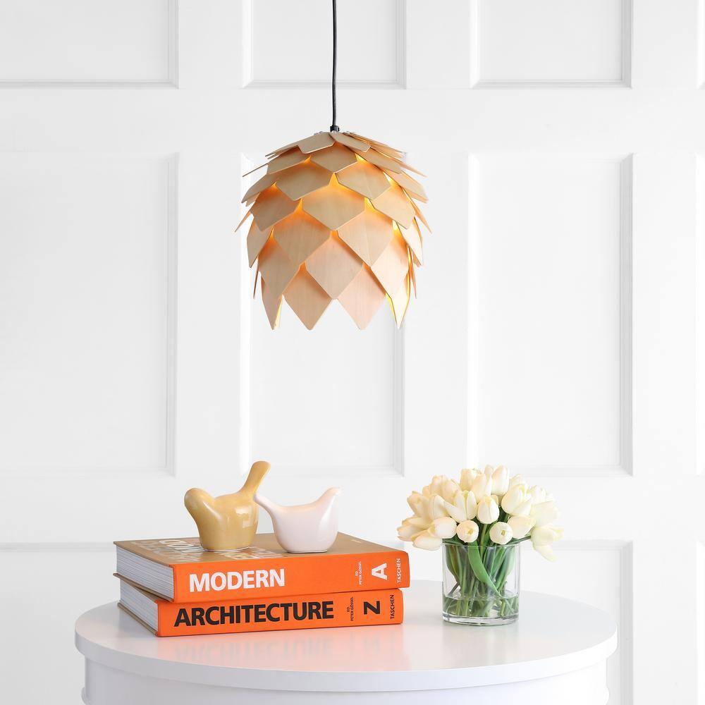 HOZO JYL6125A Simon 11.75" Pinecone Wood LED Pendant Contemporary Dimmable Adjustable Dining Room Living Room Kitchen Foyer Bedroom Hallway, Natural