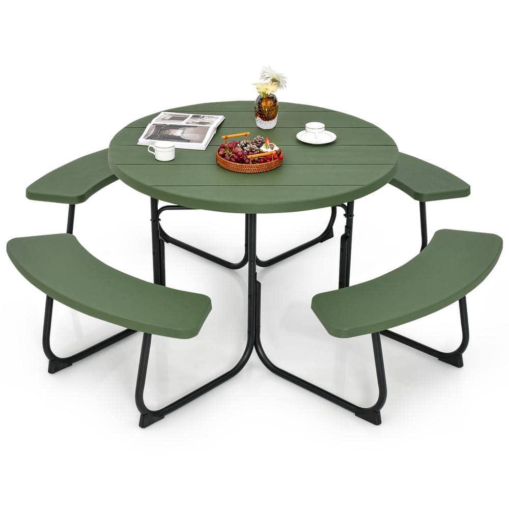 Costway Outdoor 8-person Round Picnic Table Bench Set with 4 Benches & Umbrella Hole Green