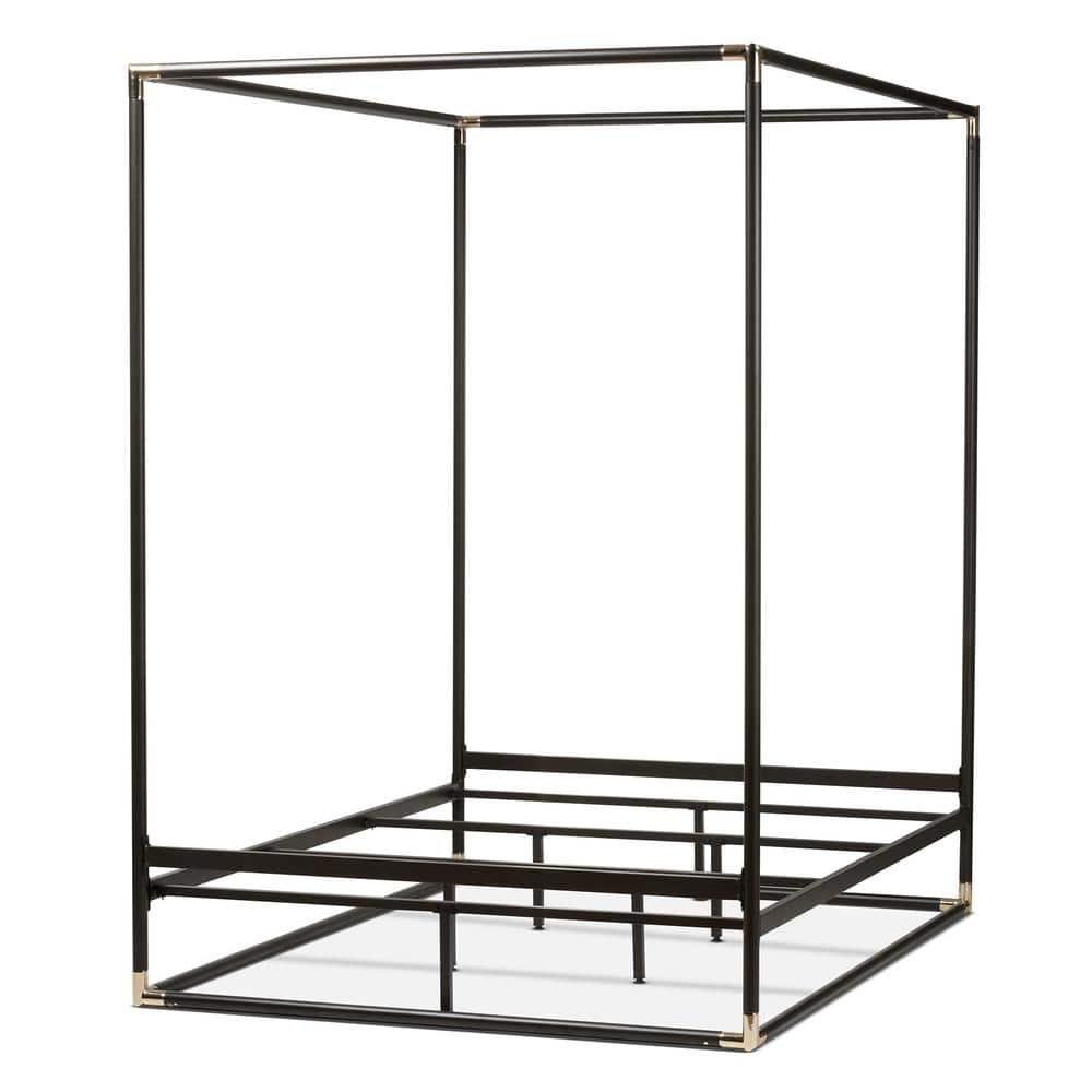 Queen Eva Vintage Industrial Finished Metal Canopy Bed Black - Baxton Studio: Matte Dark Bronze, Brass Accents
