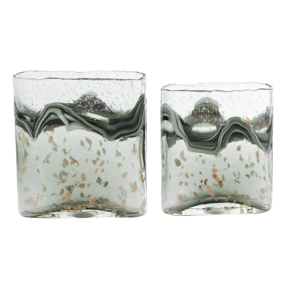 DecMode 9", 8"H Handmade Blown Gray Glass Vase with Speckled Wave Design, Set of 2