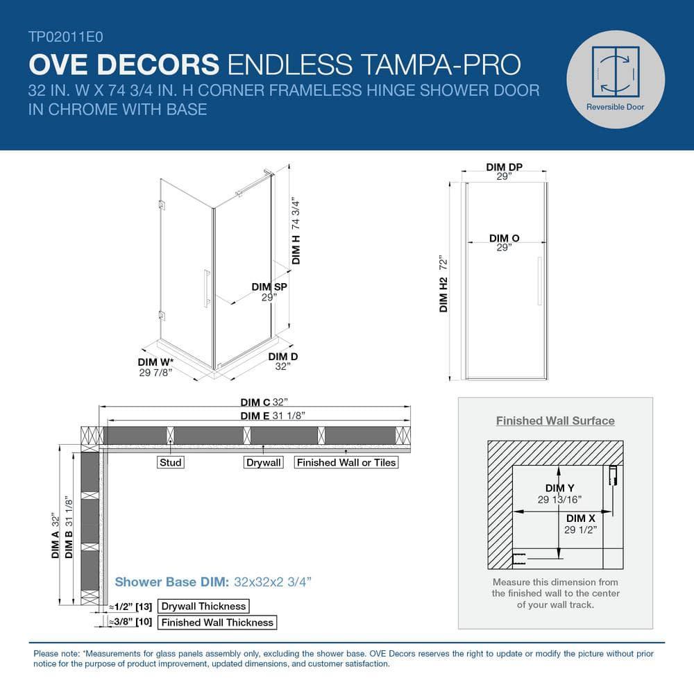 Endless Tampa-Pro 32" W x 72" H Corner Frameless Shower Kit, Door, Panel, Base